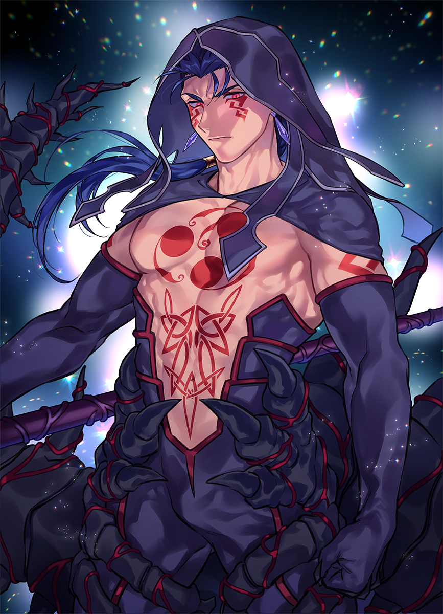 1boy abs bare_chest blue_hair bulge chest chest_tattoo cowboy_shot cu_chulainn_(fate)_(all) cu_chulainn_alter_(fate/grand_order) curruid_coinchenn dragon_boy dragon_tail earrings elbow_gloves fate/grand_order fate_(series) gae_bolg gloves highres hood jewelry long_hair looking_at_viewer male_focus monster_boy muscle navel no_nipples ponytail red_eyes solo spikes tail tattoo thighs uni_(nico02)