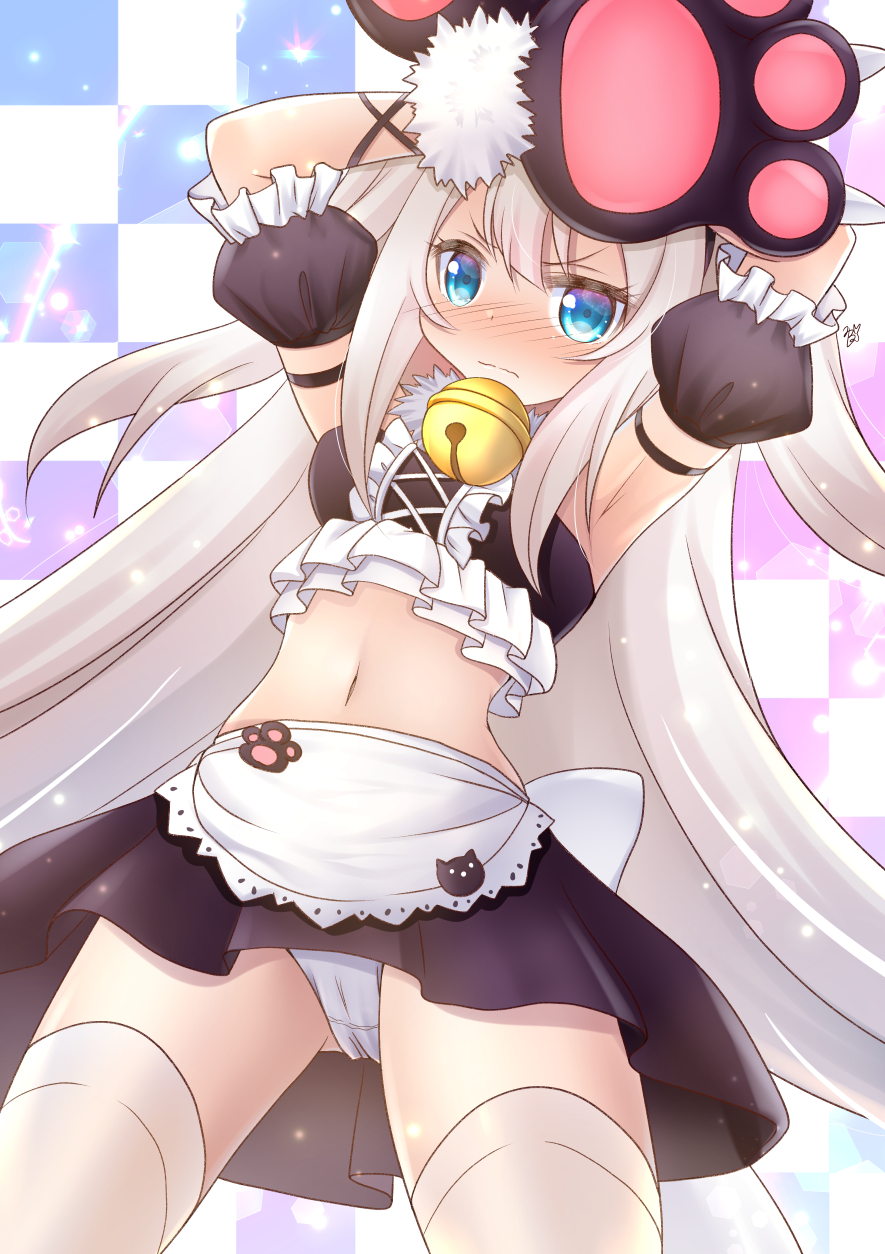 1girl apron armpits arms_up azur_lane bandeau bangs bare_shoulders bell black_skirt blue_eyes blush breasts checkered checkered_background commentary_request cowboy_shot detached_sleeves eyebrows_visible_through_hair frown gloves hair_between_eyes hammann_(azur_lane) hammann_(hammanyan_pawnch!)_(azur_lane) highres idol jingle_bell long_hair looking_at_viewer medium_breasts midriff mirun_(funimani) navel nose_blush official_alternate_costume panties pantyshot paw_gloves paw_shoes paws puffy_detached_sleeves puffy_sleeves ribbon shoes sidelocks signature skirt solo sparkle standing thigh-highs underwear very_long_hair waist_apron white_hair white_legwear white_panties wrist_ribbon