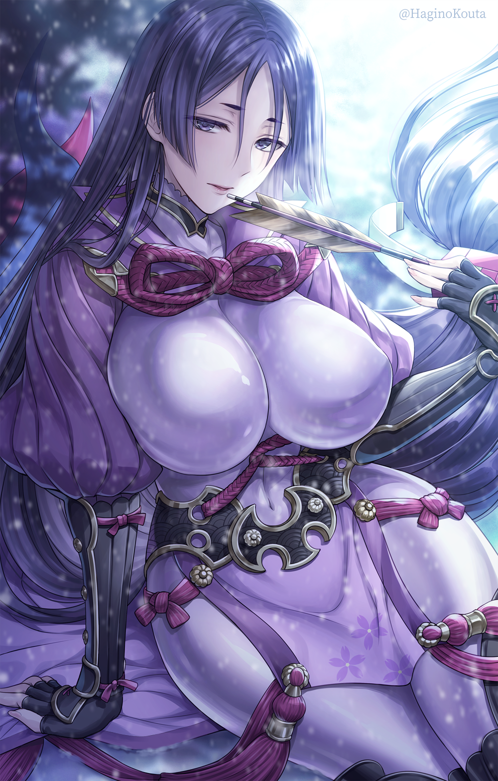 1girl armor arrow_(projectile) artist_name bangs black_gloves bodysuit breasts covered_navel elbow_gloves fate/grand_order fate_(series) fingerless_gloves gloves hagino_kouta highres japanese_armor kote large_breasts long_hair looking_at_viewer low-tied_long_hair minamoto_no_raikou_(fate/grand_order) parted_bangs parted_lips pelvic_curtain purple_bodysuit purple_hair ribbed_sleeves rope sitting tassel thighs very_long_hair violet_eyes