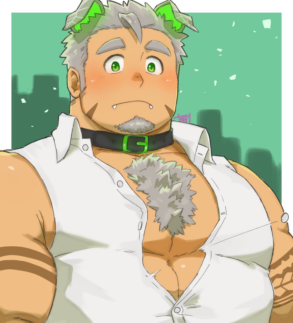 1boy abs animal_ears bara bare_shoulders blush bursting_pecs chest chest_hair dog_ears facial_hair goatee gomeisa_(live_a_hero) green_eyes grey_hair live_a_hero looking_at_viewer male_focus muscle short_hair sleeveless solo stubble tattoo tribal_tattoo upper_body wardrobe_malfunction yanutorie