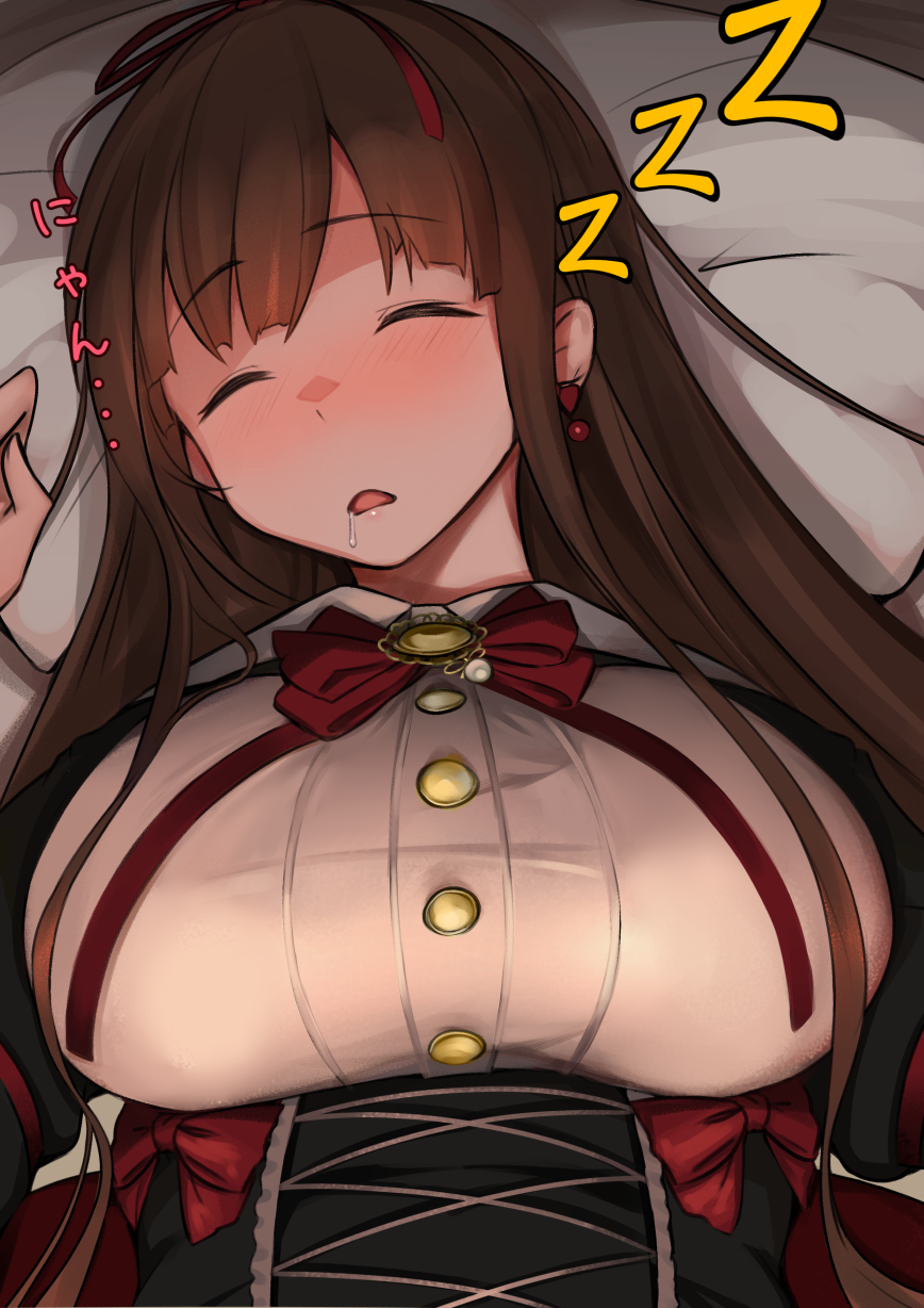 .live 1girl blush bow bowtie breasts brown_hair buttons closed_eyes cowboy_shot drooling earrings hair_ribbon highres hoshara jewelry kakyouin_chieri large_breasts lying on_back on_bed ribbon shirt sleeping triangle_mouth underbust upper_body virtual_youtuber white_shirt zzz
