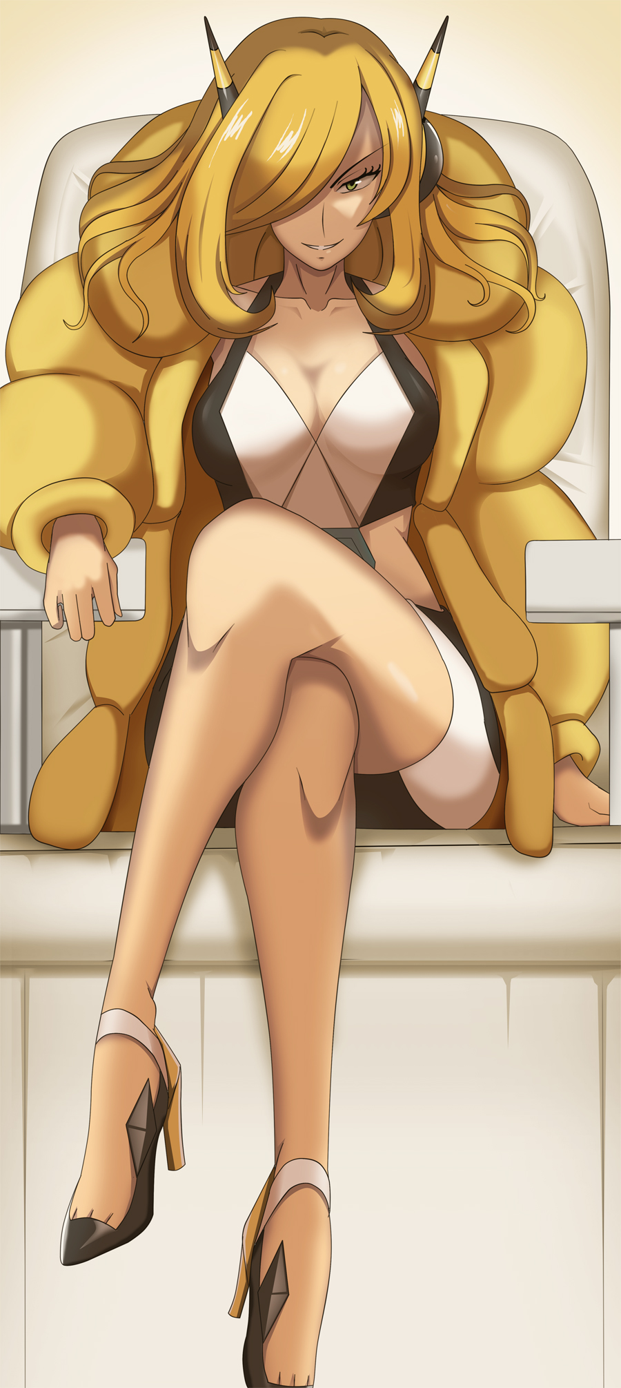 1girl blonde_hair coat cosplay crossed_legs cynthia_(pokemon) elesa_(pokemon) fusion grin hair_ornament hair_over_one_eye headphones high_heels highres long_hair long_legs lusamine_(pokemon) md5_mismatch pokemon sitting smile smug solo vivivoovoo