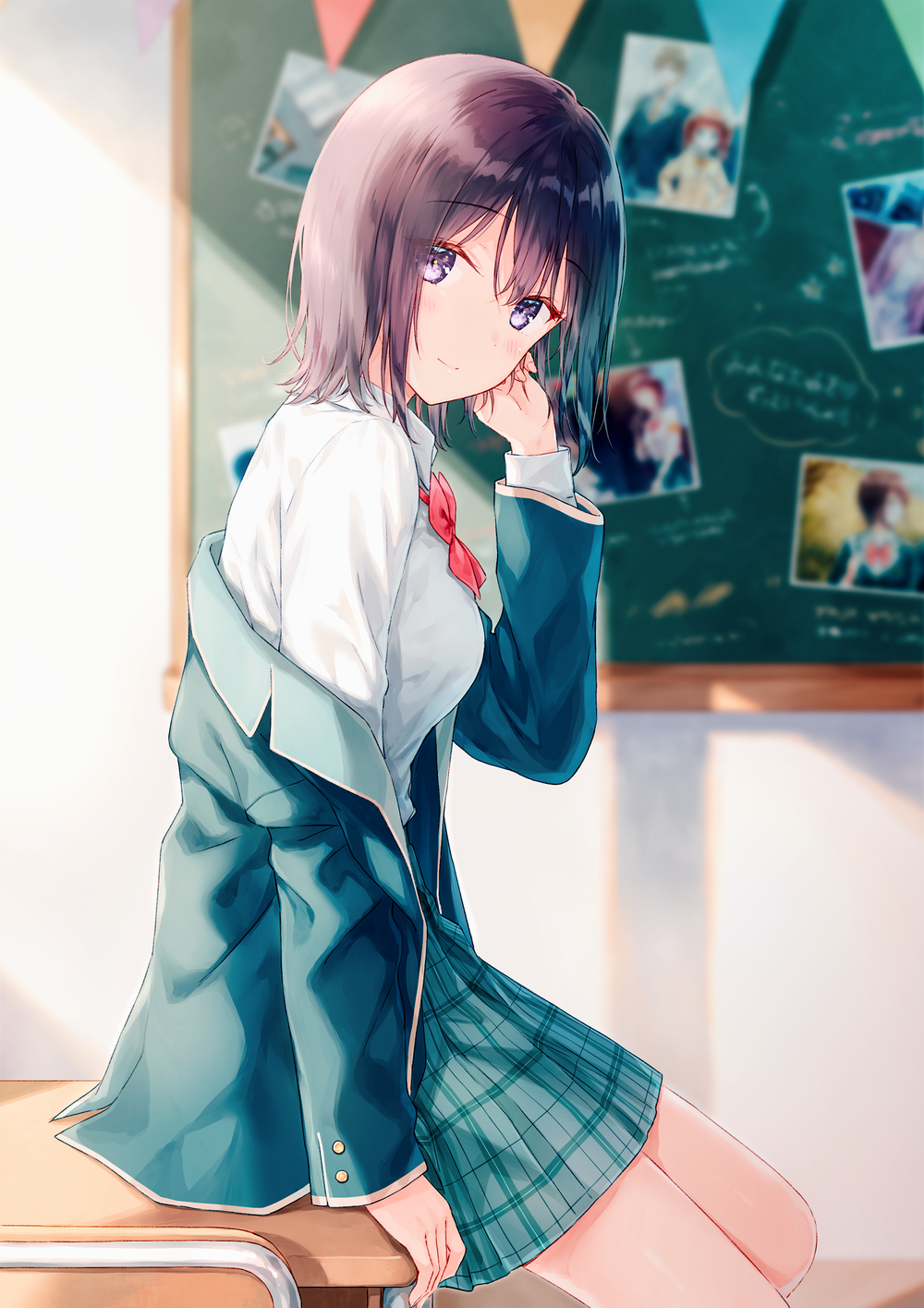 1girl bangs black_hair blue_jacket blue_skirt blurry blurry_background bow breasts chair chalkboard collared_shirt commentary_request decorations depth_of_field desk eyebrows_visible_through_hair facing_to_the_side flag hair_between_eyes hand_up highres hiten_(hitenkei) indoors jacket long_sleeves looking_at_viewer looking_to_the_side minase_akiha off_shoulder on_desk open_clothes open_jacket pennant photo_(object) pleated_skirt red_bow red_ribbon ribbon sankaku_no_kyori_wa_kagirinai_zero school_chair school_desk school_uniform shirt short_hair sitting sitting_on_desk skirt small_breasts smile violet_eyes white_shirt