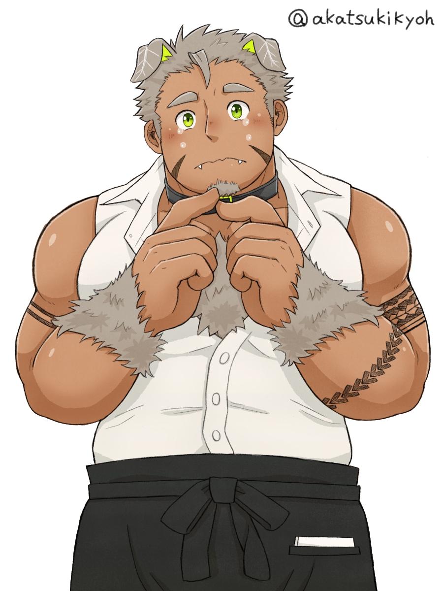 1boy akatsuki_(@akatsukikyoh) animal_ears bara bare_shoulders blush butler chest chest_hair dog_ears facial_hair fidgeting goatee gomeisa_(live_a_hero) green_eyes grey_hair highres index_fingers_together live_a_hero looking_at_viewer male_focus muscle nervous short_hair sideburns sleeveless solo tattoo tearing_up tribal_tattoo upper_body