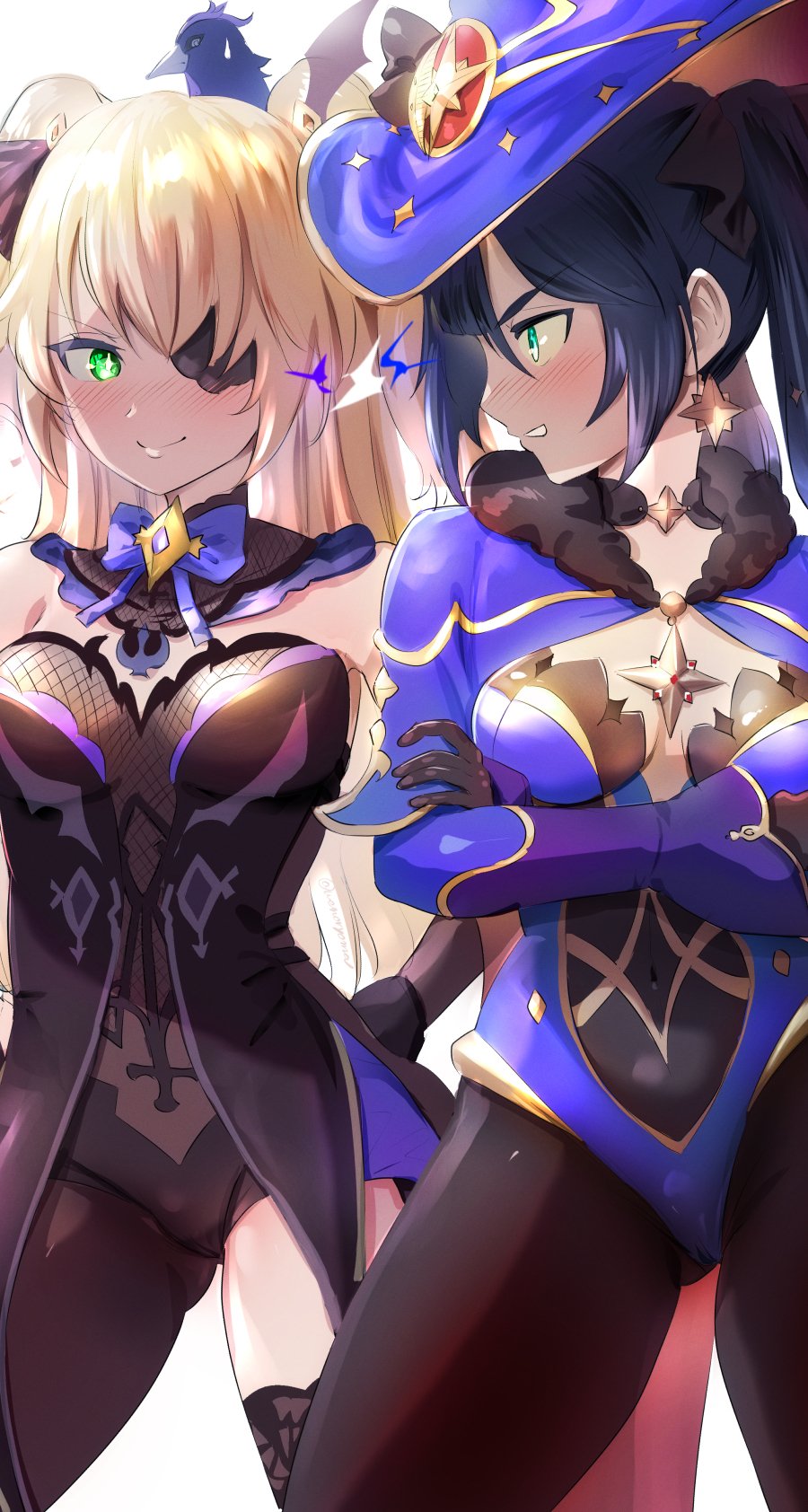 2girls bangs bare_shoulders black_hair blonde_hair blue_leotard blush bodystocking bodysuit_under_clothes bow breasts clenched_teeth commentary_request crossed_arms earrings eyepatch fischl_(genshin_impact) garter_straps genshin_impact green_eyes hand_on_hip hat highres jewelry leotard looking_at_another mage medium_breasts mona_(genshin_impact) multiple_girls pantyhose purple_bow purple_headwear purple_leotard purple_neckwear single_leg_pantyhose single_thighhigh smile star_(symbol) star_earrings teeth thigh-highs twintails two_side_up uenoryoma witch_hat wizard_hat
