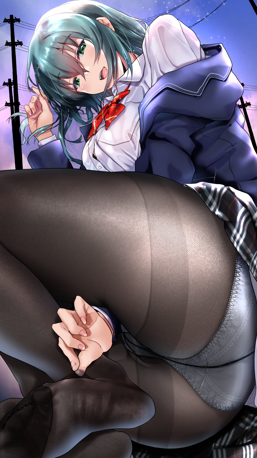1girl :d aqua_hair ass bangs between_legs bow bowtie breasts collared_shirt commentary_request crotch_seam dress_shirt feet fine_fabric_emphasis green_eyes gusset hand_between_legs highres jacket large_breasts long_sleeves no_shoes nonohachi off_shoulder open_mouth original panties panties_under_pantyhose pantyhose pantyhose_tug power_lines school_uniform shirt short_hair sidelocks skirt skirt_lift smile solo thighband_pantyhose thighs underwear utility_pole