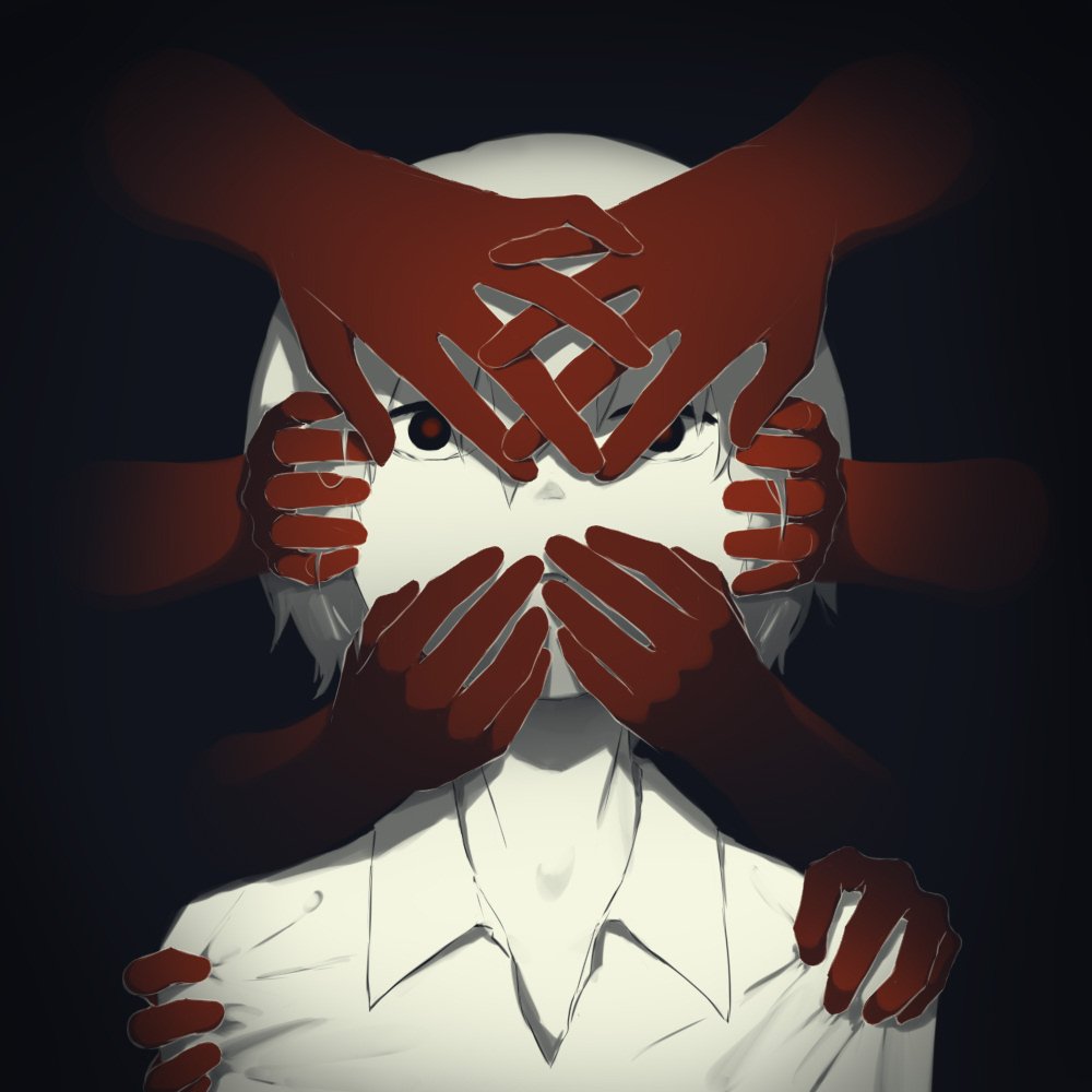 1boy avogado6 black_background black_eyes collared_shirt dark looking_at_viewer original out_of_frame parted_lips red_pupils shirt solo_focus white_hair white_shirt white_skin wide-eyed wing_collar