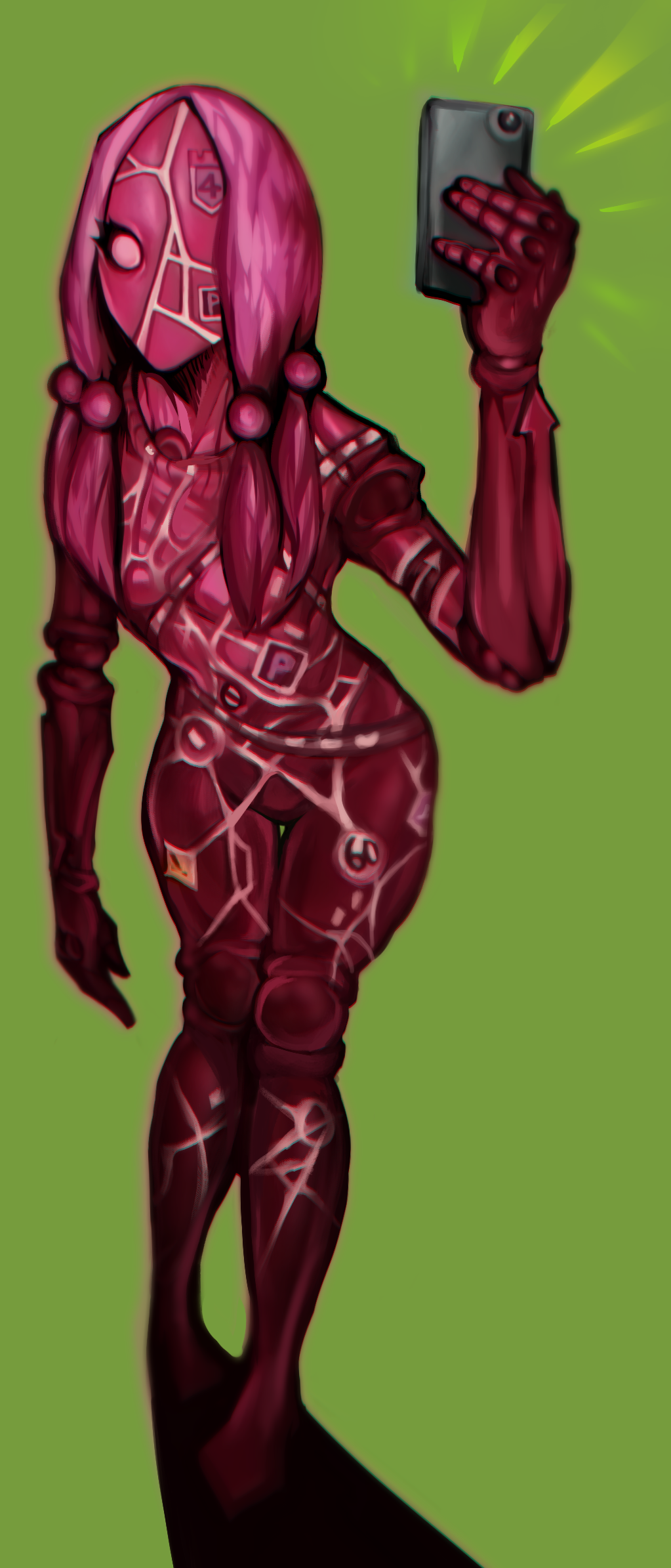 1girl ccuntu cellphone full_body green_background hair_bobbles hair_ornament highres holding holding_phone jojo_no_kimyou_na_bouken jojolion no_humans one-eyed paisley_park_(stand) phone pink_hair simple_background solo stand_(jojo) standing