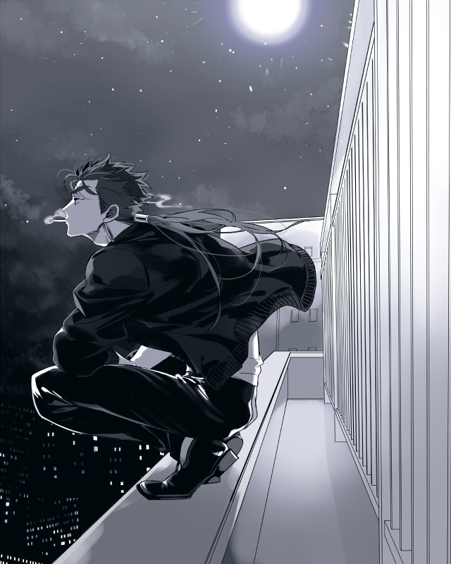 1boy beads building cigarette cu_chulainn_(fate)_(all) earrings fate/stay_night fate_(series) floating_hair from_side full_body hair_beads hair_ornament jacket jewelry lancer long_hair male_focus moon night night_sky outdoors pants ponytail red_eyes shoes sky smoke smoking solo spiky_hair squatting star_(sky) starry_sky tatsuta_age type-moon