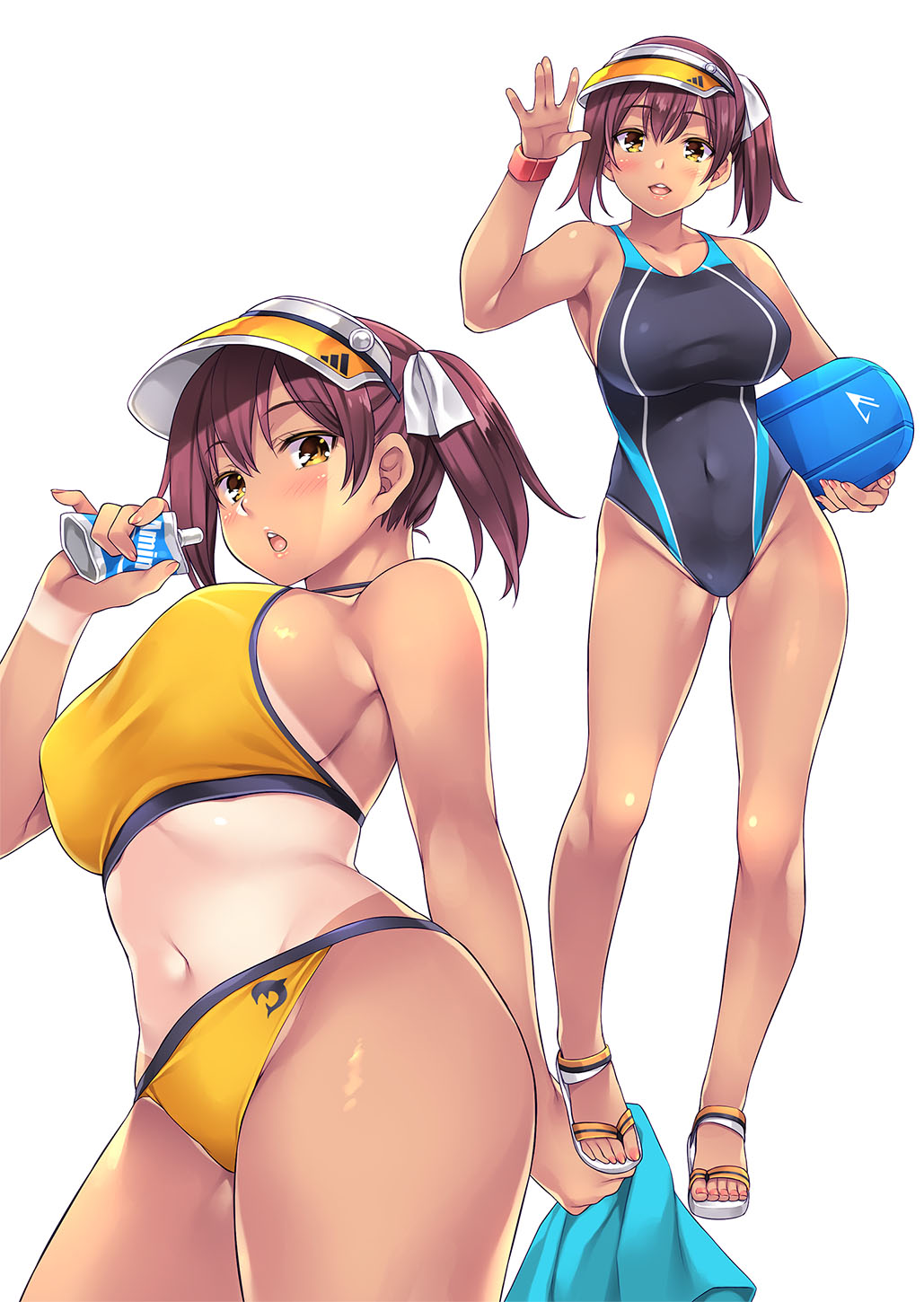 1girl arm_at_side bangs bare_legs bare_shoulders bikini black_swimsuit blue_swimsuit blush breasts brown_hair collarbone competition_swimsuit contrapposto covered_navel cowboy_shot eyebrows eyebrows_visible_through_hair eyelashes fingernails hair_between_eyes hair_ribbon hand_up highleg highleg_swimsuit highres holding holding_towel large_breasts legs long_hair looking_at_viewer mizuhara_yuu multiple_views nail_polish non-web_source one-piece_swimsuit one-piece_tan open_mouth original pink_nails ribbon sandals sideboob simple_background smile sports_bikini standing swimsuit tan tanline toenail_polish toenails toes towel twintails visor_cap white_background white_ribbon wide_hips yellow_bikini yellow_eyes