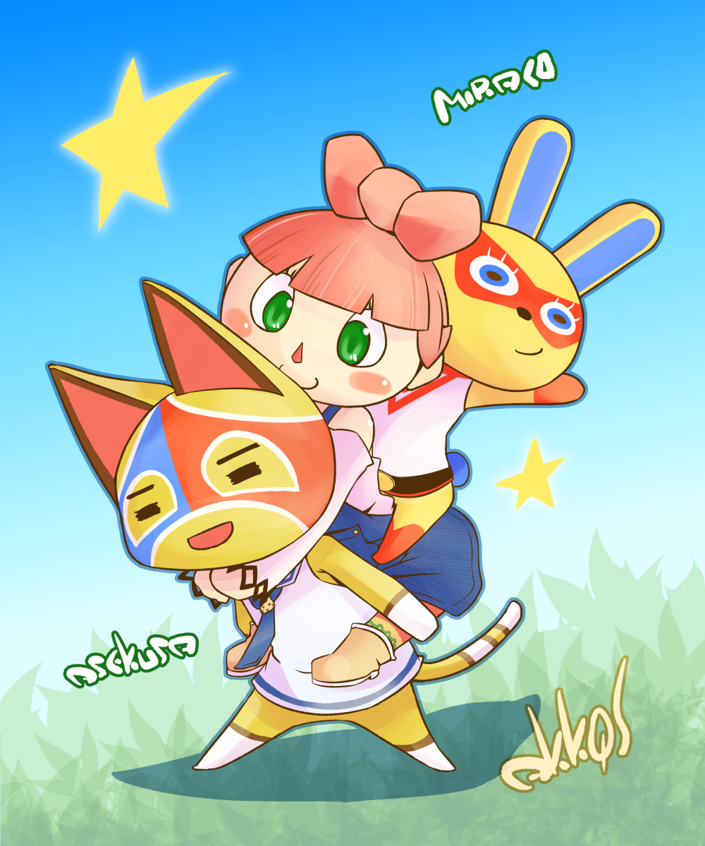 1boy 2girls animal_crossing animal_ears arm_up artist_name bangs bare_shoulders barefoot belt blue_background blue_dress blue_eyes blue_neckwear blue_outline blue_sky blunt_bangs blush blush_stickers boots bottomless bow brown_footwear bunny_tail carrying cat_boy cat_ears cat_tail closed_eyes closed_mouth commentary_request day domino_mask dress full_body furry gradient gradient_background gradient_sky grass green_eyes hair_bow happy highres hug hug_from_behind kanzaki_akira_(akk9s) leaning_forward legs_apart long_sleeves looking_at_another looking_down mask mira_(animal_crossing) multiple_girls necktie off_shoulder open_mouth outdoors outline pantyhose piggyback pinafore_dress pink_bow pink_hair pink_shirt rabbit_ears rabbit_girl red_legwear shirt short_hair sideways_mouth signature sky sleeveless sleeveless_shirt smile standing star_(symbol) stinky_(animal_crossing) tail villager_(animal_crossing) white_shirt