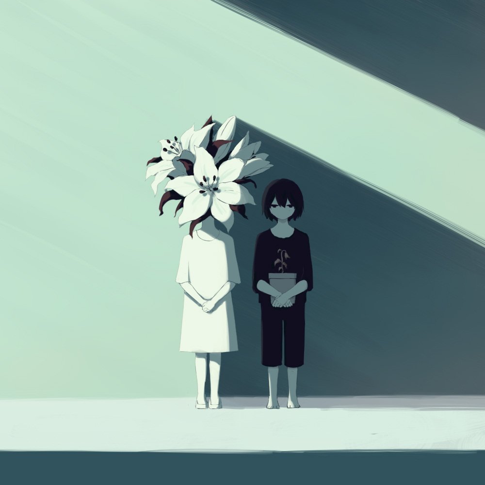 1boy 1girl avogado6 barefoot black_eyes black_hair black_pants black_shirt blue_background dress flower holding holding_pot jitome looking_at_viewer original own_hands_together pants plant pot potted_plant shirt standing white_dress withered