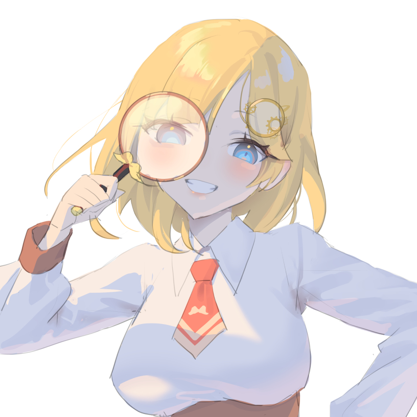 1girl blonde_hair blue_eyes breasts english_commentary holding_magnifying_glass hololive hololive_english karesuki medium_breasts medium_hair mini_necktie red_neckwear smile solo virtual_youtuber watson_amelia