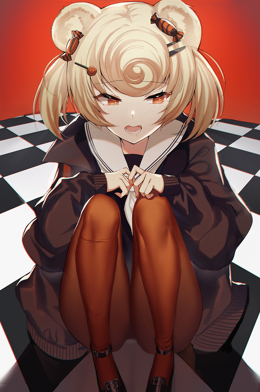 1girl animal_ears arknights bear_ears black_footwear black_jacket black_shirt blonde_hair blush candy_hair_ornament checkered checkered_floor commentary drooling eyebrows_visible_through_hair food_themed_hair_ornament full_body gummy_(arknights) hair_ornament hairclip highres jacket kernel_killer knees_to_chest looking_away looking_to_the_side open_clothes open_jacket open_mouth pantyhose red_background red_eyes red_legwear sailor_collar saliva shadow shirt shoes short_hair sitting solo twintails