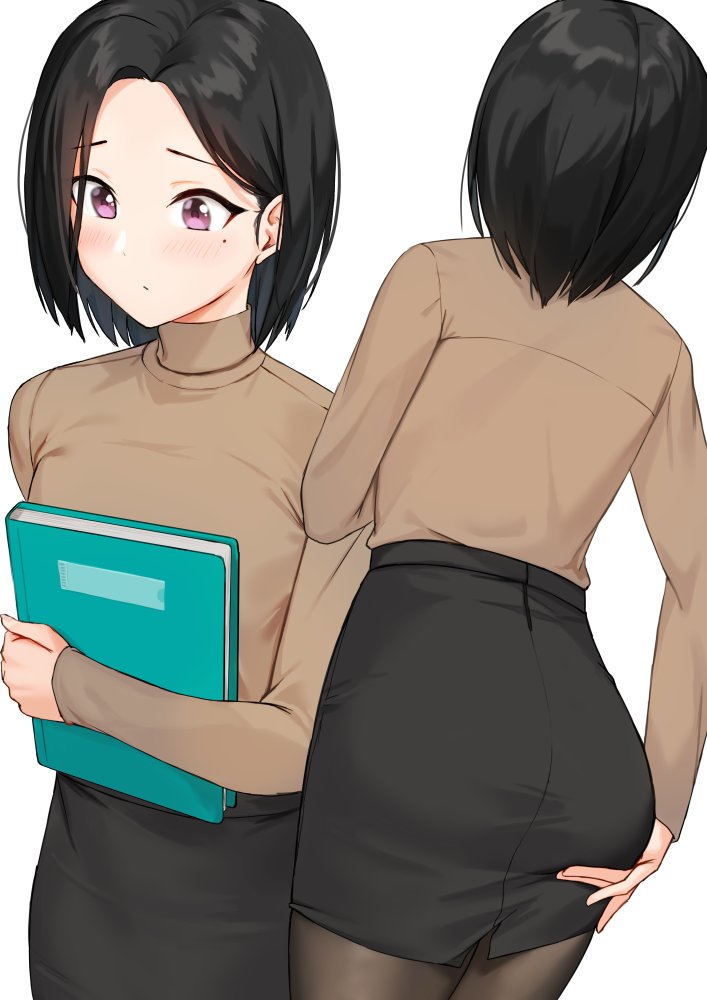 1girl anti_(0324) ass bangs black_hair black_legwear black_skirt blush book brown_legwear brown_sweater closed_mouth commentary_request from_behind hand_on_own_ass holding holding_book long_sleeves mole mole_under_eye multiple_views object_hug original pantyhose pencil_skirt short_hair simple_background skirt sweater sweater_tucked_in violet_eyes white_background