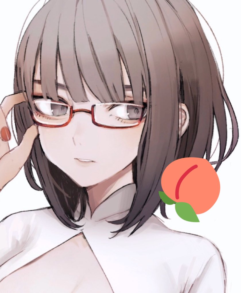 1girl adjusting_eyewear bob_cut brown_hair cleavage_cutout clothing_cutout dress emoji fingernails glasses grey_eyes hand_up medium_hair migihidari_(puwako) original parted_lips red-framed_eyewear red_nails semi-rimless_eyewear solo under-rim_eyewear upper_body white_dress