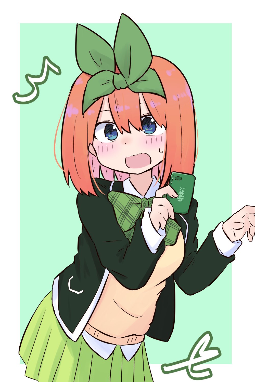 /\/\/\ 1girl bangs blue_eyes blush bow breasts cellphone collared_shirt commentary_request eyebrows_behind_hair go-toubun_no_hanayome green_background green_bow green_jacket green_ribbon green_skirt hair_between_eyes hair_ribbon hands_up highres holding holding_phone jacket kujou_karasuma long_sleeves looking_at_viewer medium_breasts nakano_yotsuba open_clothes open_jacket open_mouth orange_hair phone pleated_skirt ribbon shirt signature skirt sleeves_past_wrists solo sweat sweater_vest two-tone_background wavy_mouth white_background white_shirt