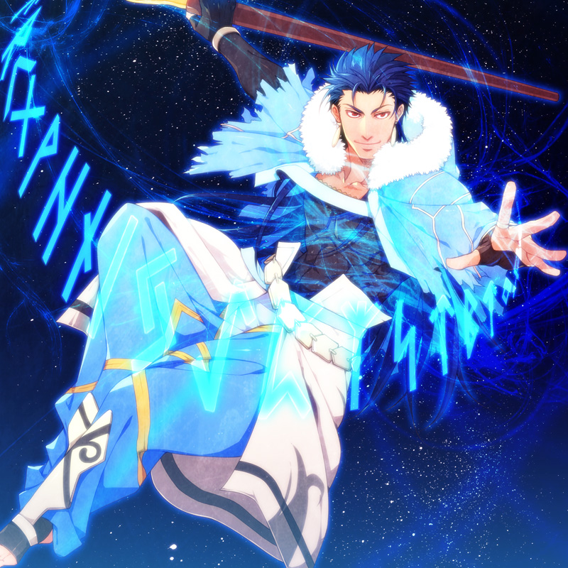 1boy armor aya_(pixiv73672) belt blue_hair bracelet capelet casting_spell cu_chulainn_(fate)_(all) cu_chulainn_(fate/grand_order) earrings fate/grand_order fate_(series) flying fur-trimmed_hood fur_trim glowing greaves harem_pants holding holding_weapon hood hood_down hooded_capelet jewelry long_hair magic male_focus night night_sky outstretched_hand pants red_eyes runes skin_tight sky smile solo spiky_hair staff star_(sky) starry_sky toeless_legwear type-moon weapon wooden_staff