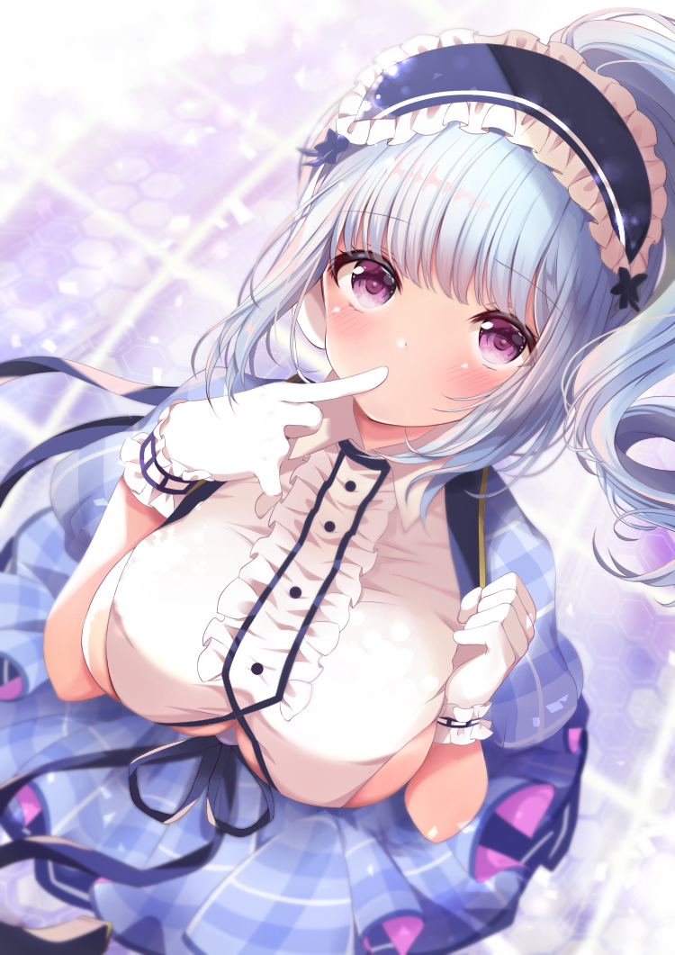 1girl azur_lane blue_dress breasts center_frills clothing_cutout dido_(azur_lane) dido_(muse)_(azur_lane) dress eyebrows_visible_through_hair finger_to_mouth frilled_cuffs frilled_dress frills from_above gloves headphones large_breasts light_blue_hair long_hair looking_at_viewer multicolored multicolored_clothes multicolored_dress sakura_(ichisakupink) short_sleeves sideboob solo under_boob underboob_cutout violet_eyes white_gloves