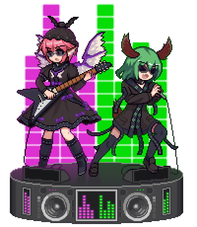 2girls alternate_costume animal_ears bangs bird_wings black_dress black_footwear black_headwear black_legwear boots cable choujuu_gigaku dog_ears dog_tail dress ears_up electric_guitar english_commentary eyebrows_visible_through_hair fang feathered_wings full_body green_hair guitar hands_up hat holding holding_instrument holding_microphone instrument juliet_sleeves kasodani_kyouko knee_boots loafers long_sleeves loudspeaker lowres microphone mob_cap multiple_girls music mystia_lorelei open_mouth pink_hair pixel_art playing_instrument pocket podium puffy_sleeves shoes short_hair sidelocks singing sunglasses tail the_hammer thigh-highs touhou transparent_background white_wings winged_hat wings zettai_ryouiki