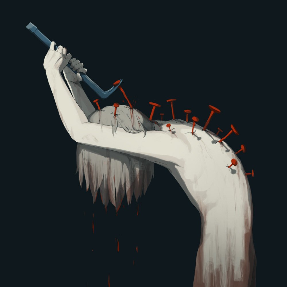 1boy avogado6 black_background bleeding blood cat's_paw_(tool) covered_face from_side grey_hair hair_over_face hands_up holding leaning_forward male_focus nail nude original simple_background solo stabbed white_skin