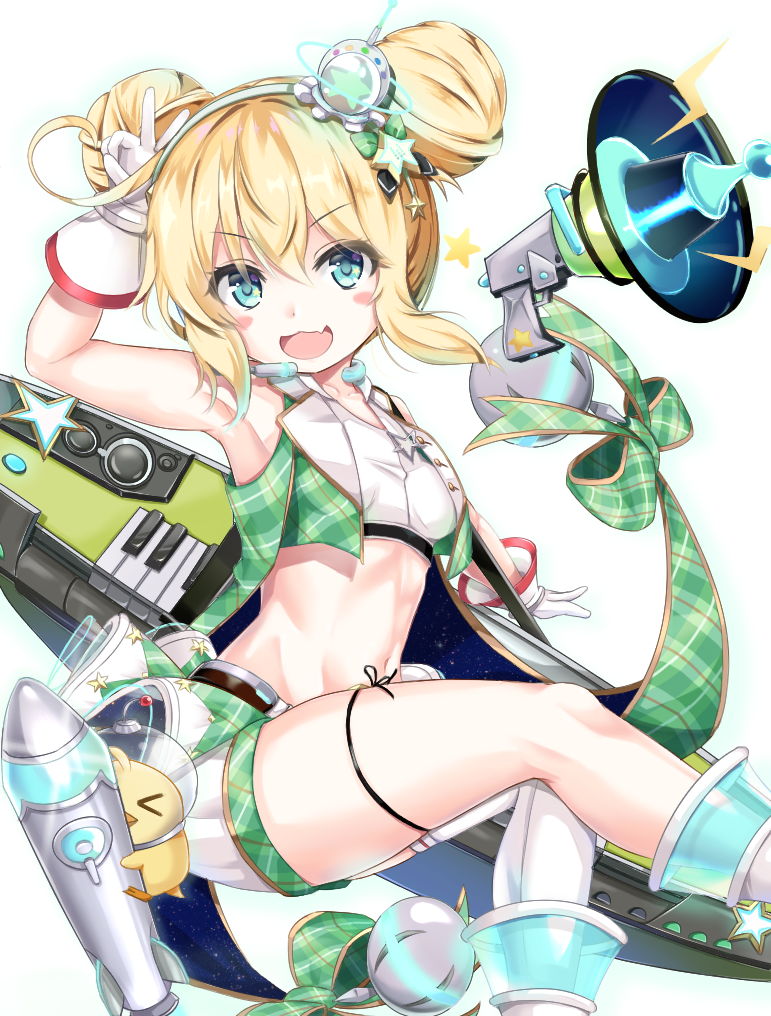 1girl :d ahoge albacore_(azur_lane) albacore_(muse)_(azur_lane) arm_up armpits azur_lane bangs bare_shoulders bird blonde_hair blush_stickers breasts chick collarbone commentary_request crop_top crossed_bangs double_bun eyebrows_visible_through_hair fang gloves green_eyes green_vest groin hair_between_eyes hair_ornament hairband headset idol long_hair looking_at_viewer makina9696 manjuu_(azur_lane) megaphone midriff navel official_alternate_costume open_mouth rocket shirt short_shorts shorts showgirl_skirt sidelocks simple_background single_thighhigh skin_fang sleeveless sleeveless_shirt small_breasts smile solo stage star_(symbol) star_in_eye submarine symbol_in_eye thigh-highs thigh_strap v vest watercraft white_footwear white_gloves white_hairband white_legwear white_shirt white_shorts