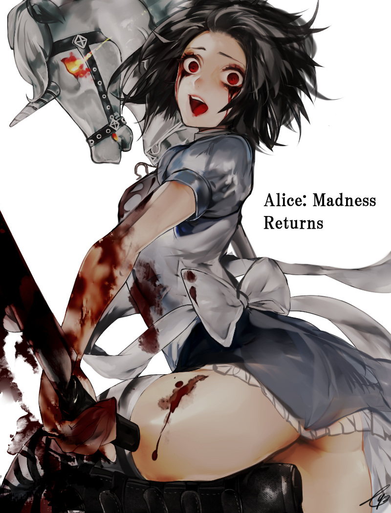 1girl alice:_madness_returns alice_(wonderland) alice_in_wonderland american_mcgee's_alice apron ass black_hair blood bloody_tears boots bow breasts bug butterfly crazy_eyes dress from_behind insect jewelry knife looking_at_viewer looking_back messy_hair necklace open_mouth red_eyes revision short_hair simple_background solo striped striped_legwear tcb thigh-highs thighs underwear unicorn weapon white_background