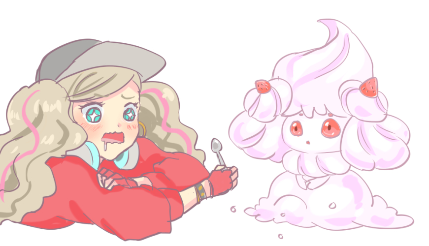 alcremie alcremie_(strawberry_sweet) baseball_cap blonde_hair blue_eyes crossover gen_8_pokemon guririries hat hungry persona persona_5 persona_5:_dancing_star_night persona_dancing pokemon pokemon_(creature) pokemon_(game) pokemon_swsh red_shirt shirt spoon takamaki_anne