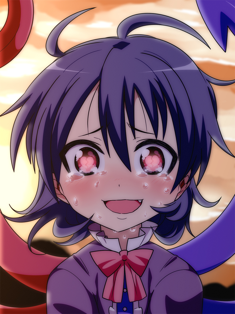 1girl commentary_request hair_between_eyes heart heart-shaped_pupils houjuu_nue jeno looking_at_viewer open_mouth short_hair smile symbol-shaped_pupils touhou