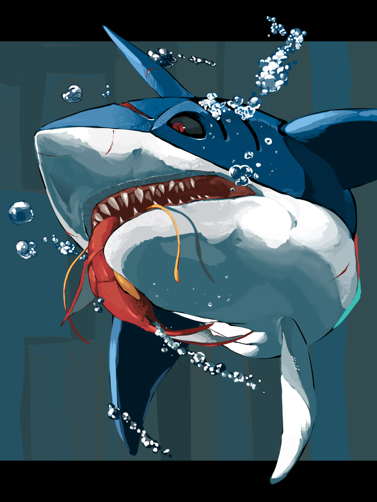 black_sclera bubble commentary_request cuts eating gen_1_pokemon gen_3_pokemon gills injury magikarp mouth_hold no_humans pokemon pokemon_(creature) red_eyes shark sharp_teeth sharpedo teeth underwater yuyu_ekaki_dayo