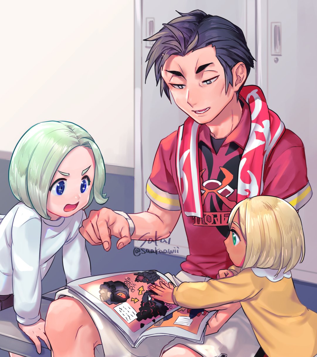 1girl 2boys artist_name black_hair blonde_hair blue_eyes collared_shirt commentary_request fingernails gordie_(pokemon) green_eyes green_hair half-closed_eyes highres holding indoors kabu_(pokemon) knees locker long_sleeves looking_down multiple_boys number open_mouth peonia_(pokemon) pokemon pokemon_(game) pokemon_swsh red_shirt sakai_(motomei) shirt short_hair short_sleeves shorts sitting tongue towel towel_around_neck watermark younger