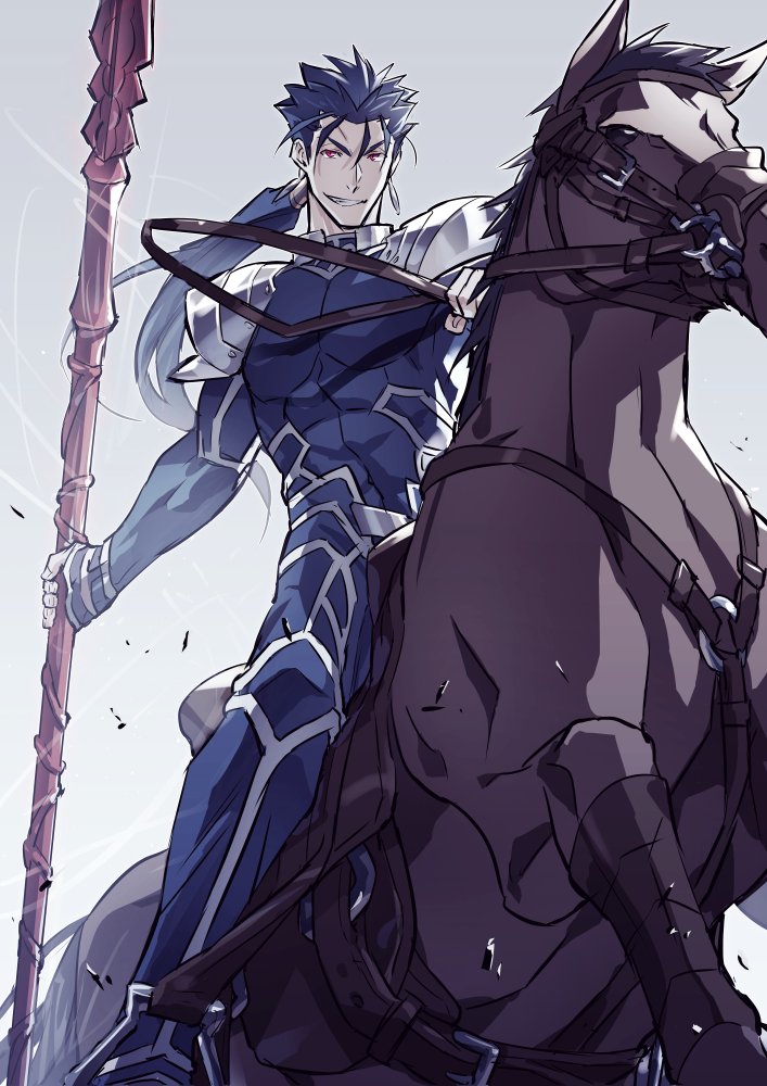 1boy abs animal armor beads blue_hair bodysuit cu_chulainn_(fate)_(all) earrings fate/stay_night fate_(series) gae_bolg grey_background grin hair_beads hair_ornament holding holding_weapon horse horseback_riding jewelry kon_manatsu lancer long_hair looking_at_viewer male_focus muscle pauldrons pectorals polearm ponytail red_eyes reins riding saddle shoulder_armor simple_background skin_tight smile solo spiky_hair weapon