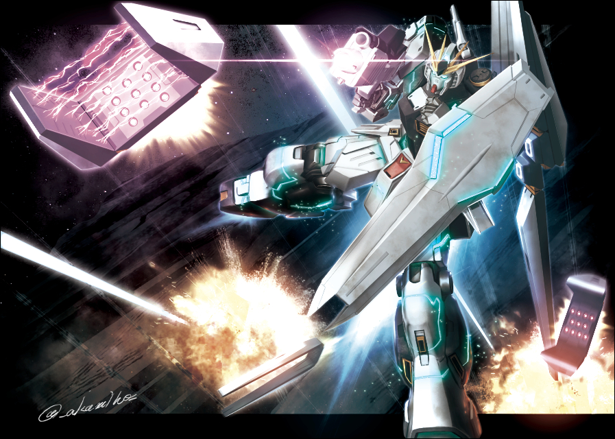 akamiho axis_(gundam) battle beam_rifle char's_counterattack commentary_request energy_gun explosion fin_funnels firing funnels glowing glowing_eyes green_eyes gundam mecha no_humans nu_gundam shield signature solo space twitter_username v-fin weapon zero_gravity