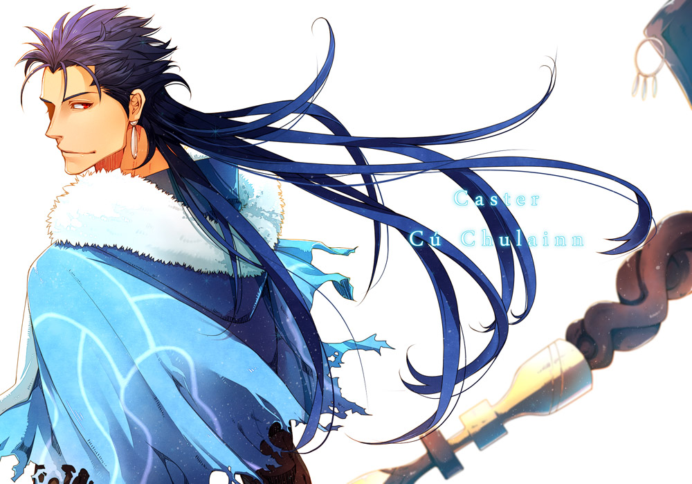 1boy aya_(pixiv73672) blue_hair capelet character_name closed_mouth cu_chulainn_(fate)_(all) cu_chulainn_(fate/grand_order) earrings fate/grand_order fate_(series) floating_hair from_behind fur-trimmed_hood fur_trim hood hood_down hooded_capelet jewelry long_hair looking_back male_focus red_eyes simple_background solo spiky_hair staff type-moon white_background wooden_staff