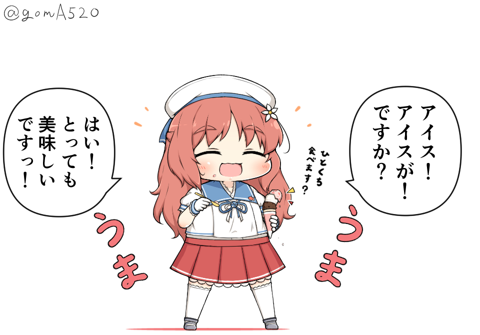 /\/\/\ 1girl blue_sailor_collar brown_hair chibi closed_eyes commentary_request food full_body gloves goma_(yoku_yatta_hou_jane) hat ice_cream kantai_collection long_hair open_mouth pleated_skirt puffy_short_sleeves puffy_sleeves red_skirt sailor_collar sailor_hat sailor_shirt shirt short_sleeves simple_background skirt solo standing thigh-highs translation_request twitter_username undershirt wavy_hair wavy_mouth white_background white_gloves white_legwear white_shirt yashiro_(kantai_collection)