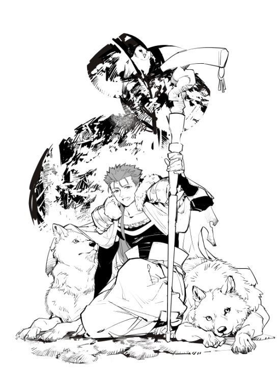 1boy 2others animal armor cape detached_sleeves dog fang fate/grand_order fate_(series) fur-trimmed_hood fur_trim guttia happy harem_pants holding holding_weapon hood hood_down hooded_cape long_hair male_focus monochrome multiple_others pants pauldrons shoulder_armor sitting skin_tight spiky_hair staff tree vambraces weapon wolf