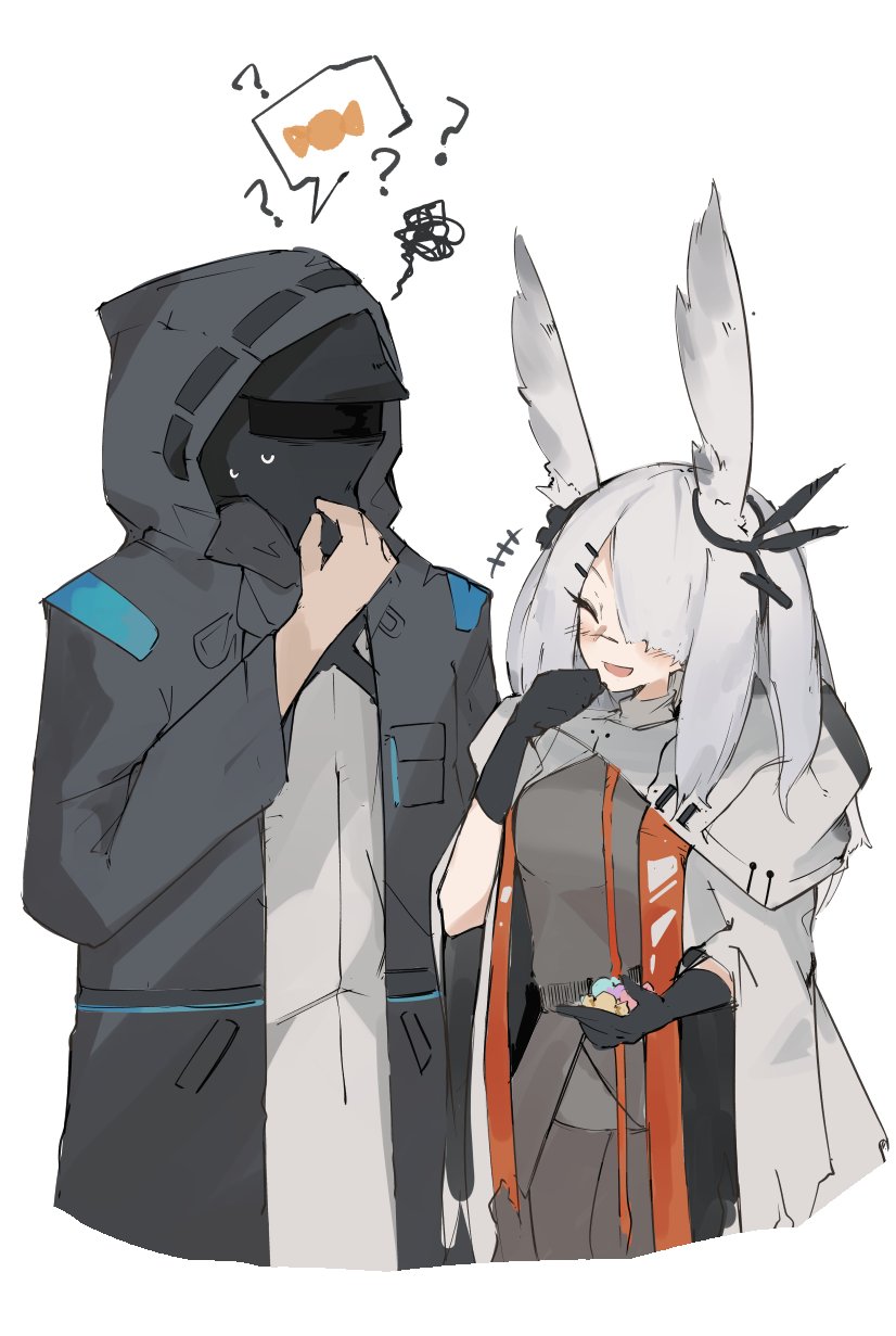 1girl 1other ? ambiguous_gender animal_ears arknights black_gloves black_jacket candy closed_eyes doctor_(arknights) food frostnova_(arknights) gloves hair_ornament highres hood hooded_jacket jacket laughing long_sleeves mask mikojin open_mouth rabbit_ears sweat white_background white_hair white_jacket
