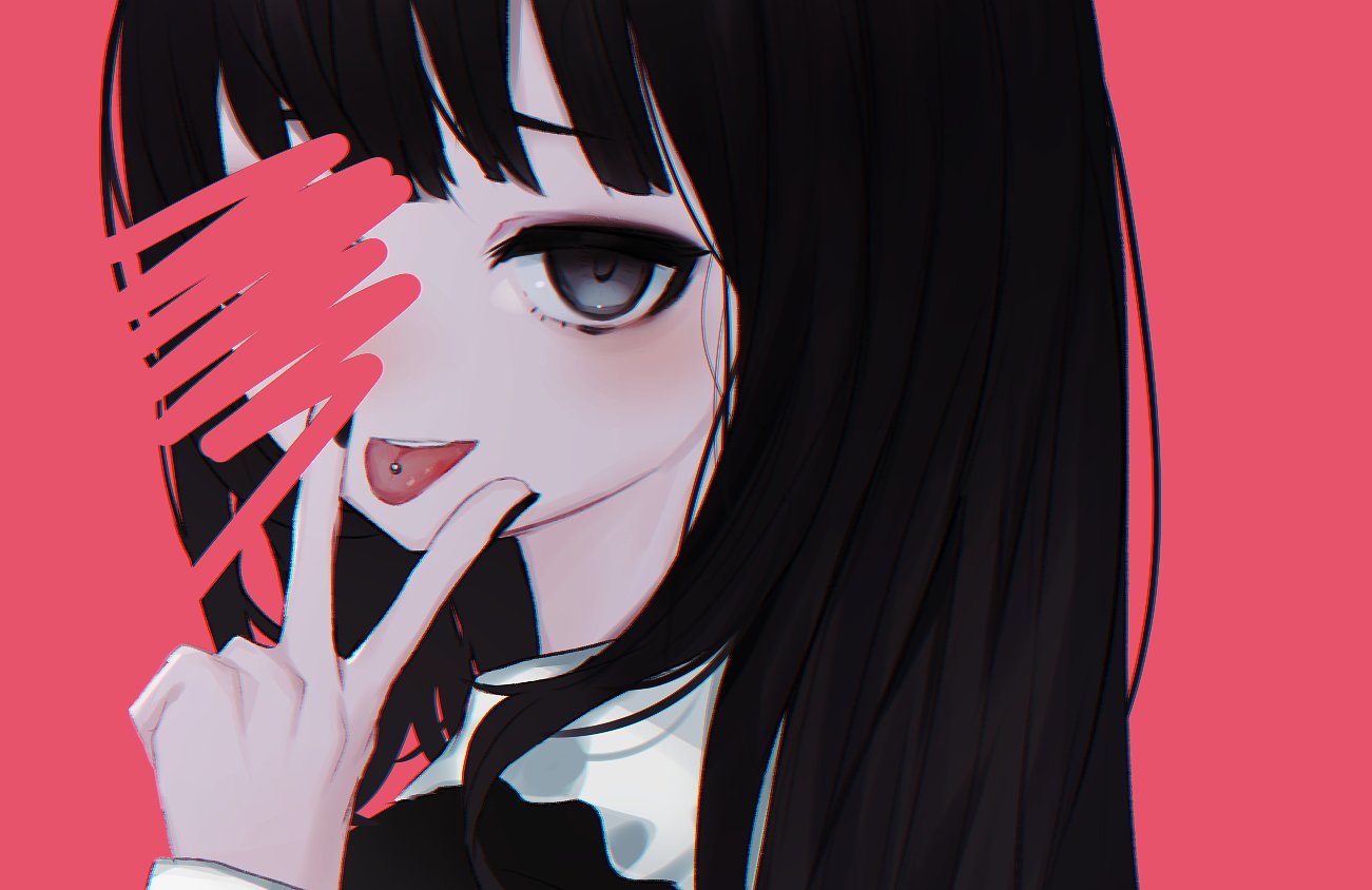 1girl :p black_eyes black_hair black_nails fingernails from_side hand_up long_hair looking_at_viewer looking_to_the_side migihidari_(puwako) nail_polish original piercing portrait red_background simple_background smile solo tongue tongue_out tongue_piercing v v_over_mouth