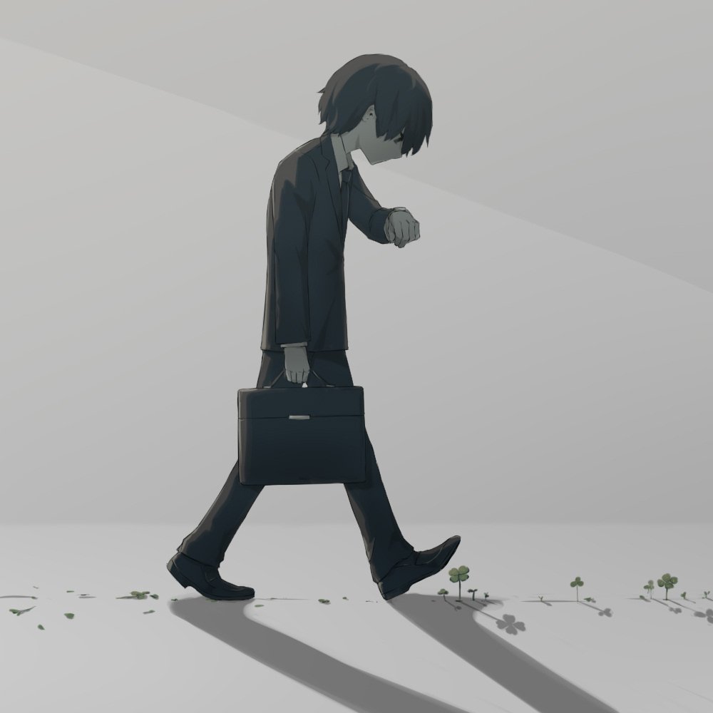 1boy avogado6 black_eyes black_footwear black_hair black_jacket clover four-leaf_clover from_side grey_background holding holding_suitcase jacket long_sleeves male_focus original pans profile shoes solo suitcase symbolism walking watch watch