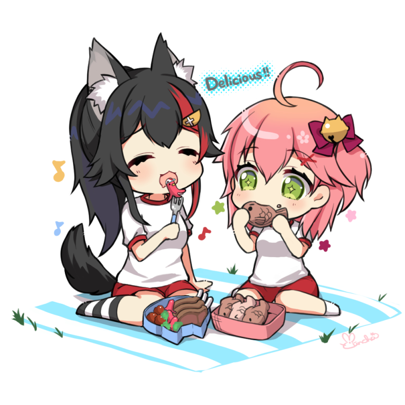 2girls ahoge alternate_costume animal_ear_fluff animal_ears bell black_hair blush bow chibi closed_eyes commentary_request eating food fork green_eyes gym_uniform hair_bell hair_bow hair_ornament hololive long_hair multicolored_hair multiple_girls obentou one_side_up ookami_mio open_mouth pink_hair redhead sakura_miko simple_background sitting star_(symbol) streaked_hair subaru_duck tail taiyaki tako-san_wiener virtual_youtuber wagashi wariza white_background wolf_ears wolf_tail x_hair_ornament yuncha