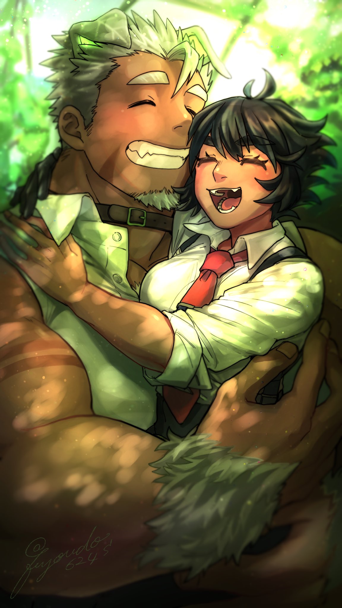 1boy 1girl animal_ears bare_shoulders black_hair blush breasts butler carrying character_request chest chest_hair dog_ears facial_hair fuyodo giant_male goatee gomeisa_(live_a_hero) green_eyes grey_hair highres live_a_hero male_focus muscle necktie short_hair sideburns size_difference sleeveless smile tattoo tribal_tattoo upper_body