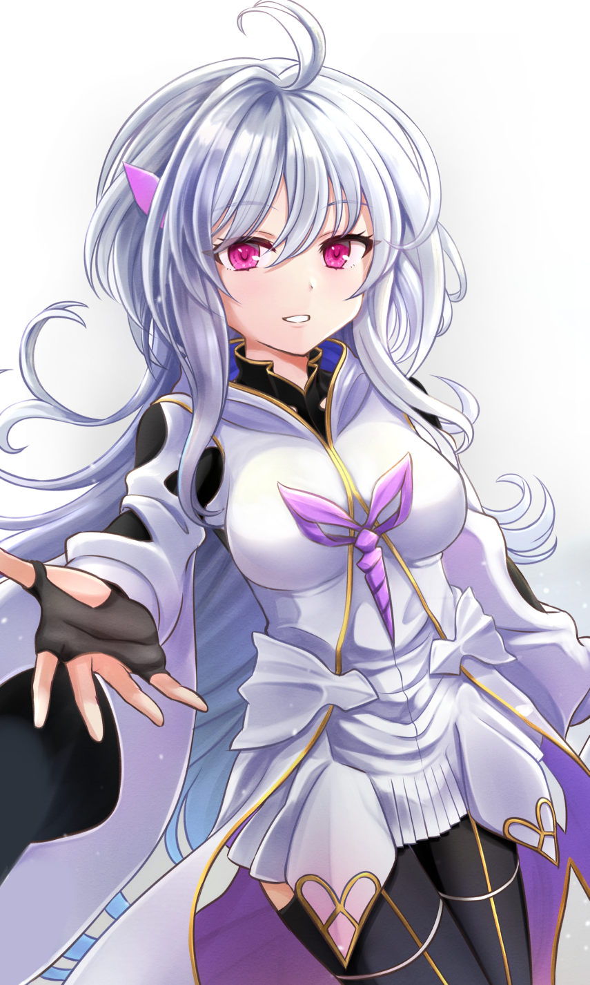 1girl ahoge black_gloves breasts fate/grand_order fate_(series) fingerless_gloves gloves hair_ornament highres long_hair long_sleeves looking_at_viewer medium_breasts merlin_(fate/prototype) nichika_(nitikapo) outstretched_arm simple_background smile solo violet_eyes white_background white_hair