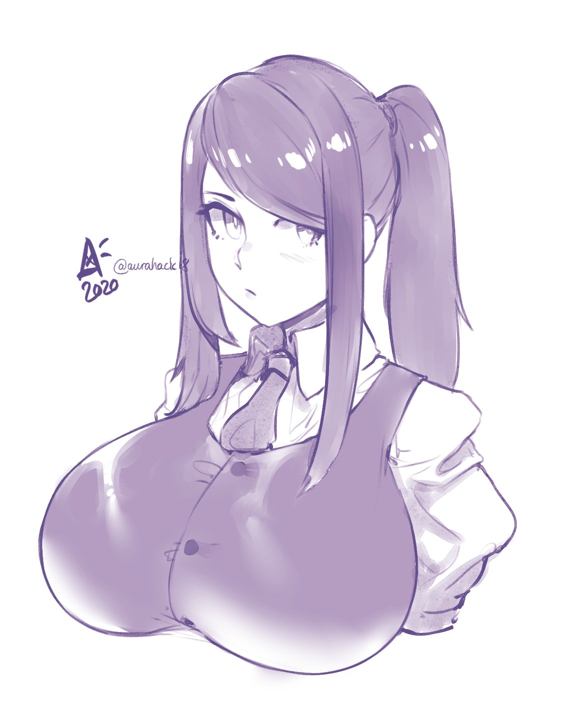 1girl 2020 alternate_breast_size aurahack bangs breasts bursting_breasts collared_shirt highres huge_breasts jill_stingray long_hair necktie ponytail shirt sidelocks signature sketch solo swept_bangs twitter_username upper_body va-11_hall-a vest