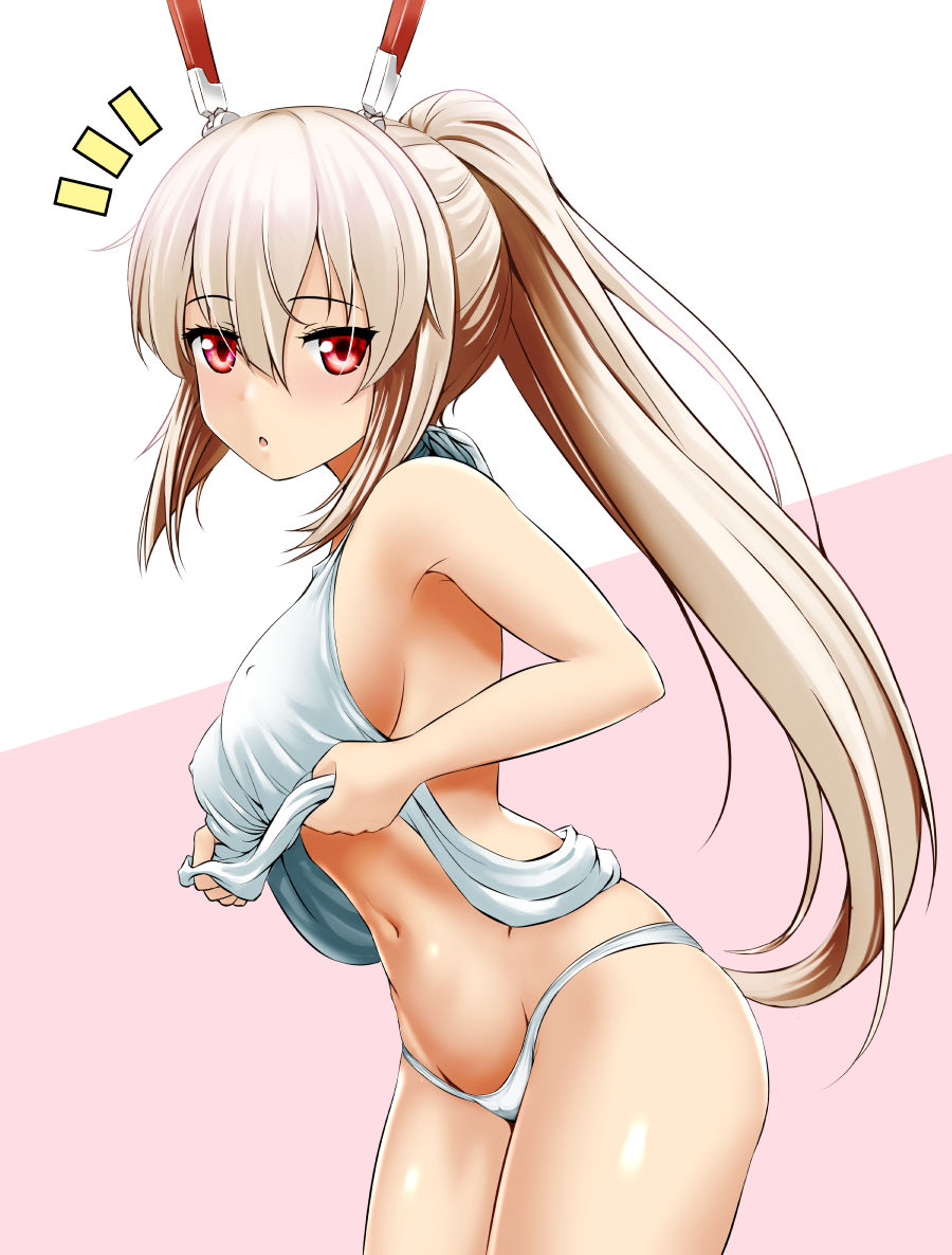 1girl armpits ass ayanami_(azur_lane) azur_lane breasts commentary_request covered_nipples hajime_(wkpz8247) headgear leaning_forward long_hair looking_at_viewer midriff navel panties parted_lips ponytail red_eyes sideboob silver_hair simple_background solo two-tone_background undershirt underwear undressing white_panties