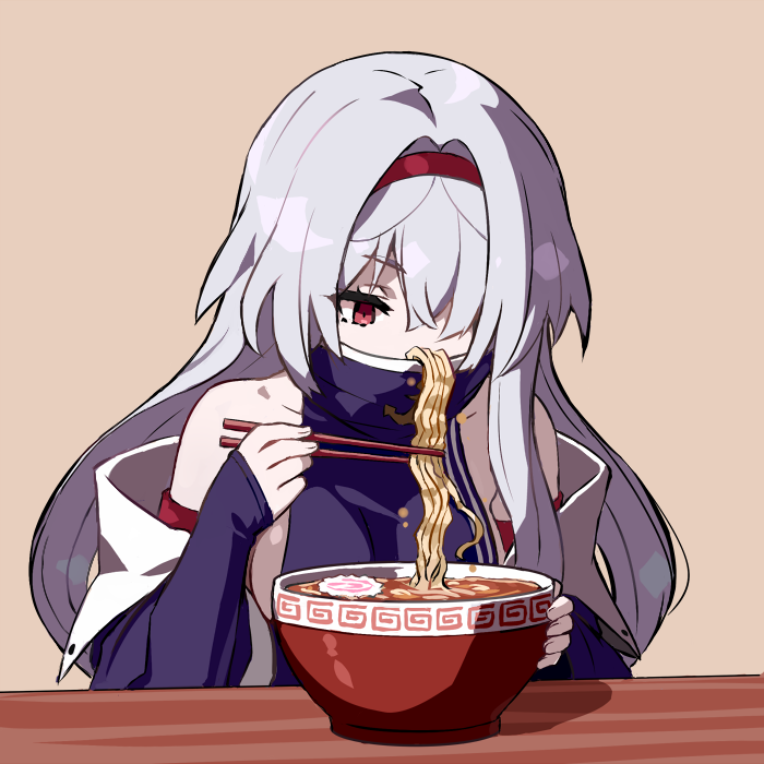 1girl azur_lane bangs bare_shoulders bowl breasts brown_background chopsticks colorado_(azur_lane) eating eyebrows_visible_through_hair food grey_hair hair_over_one_eye hairband holding holding_chopsticks long_hair noodles ramen ramuya_(lamb) red_eyes red_hairband sideboob simple_background solo upper_body