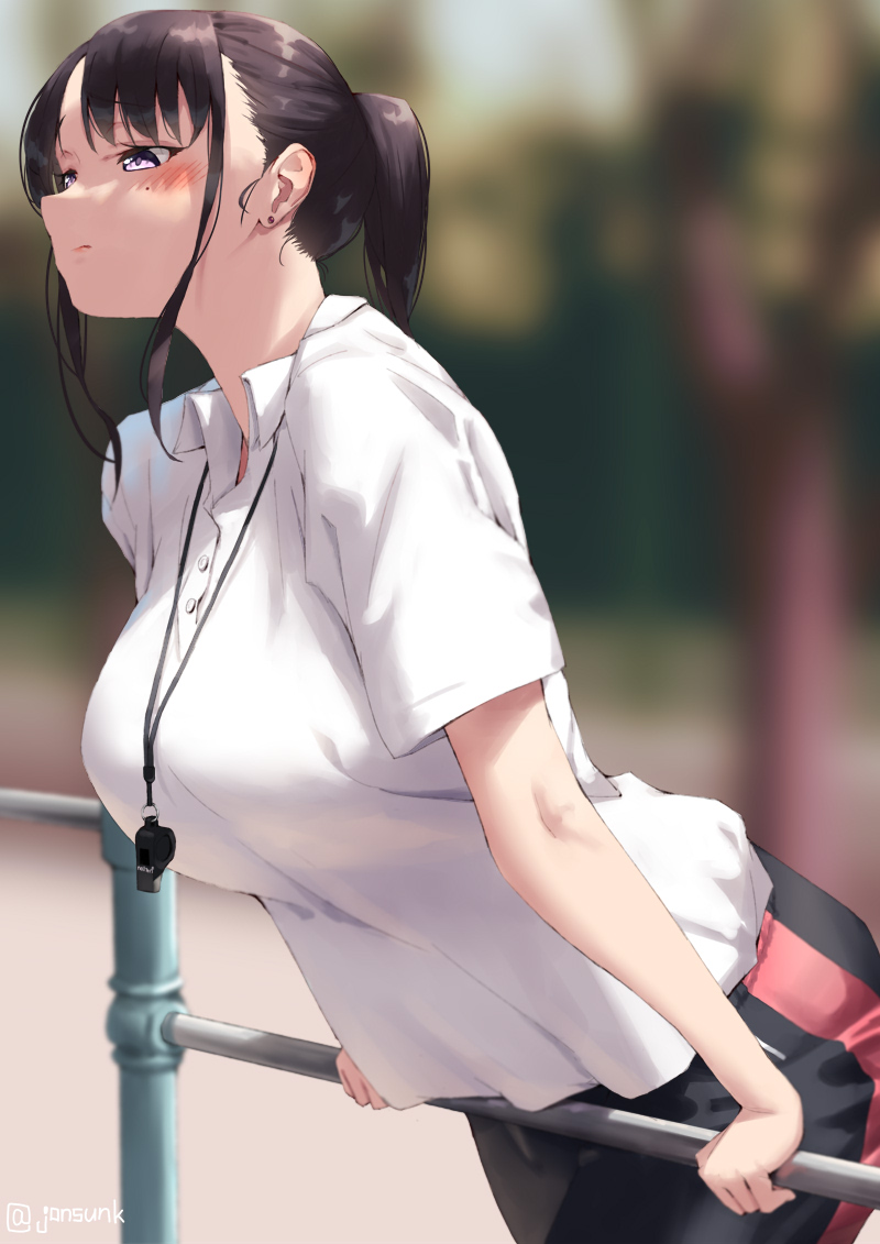 1girl bangs black_pants blurry blurry_background blush breasts collared_shirt commentary_request earrings horizontal_bar jewelry jonsun large_breasts mole mole_under_eye original pants ponytail shirt short_sleeves sidelocks tree whistle whistle_around_neck white_shirt