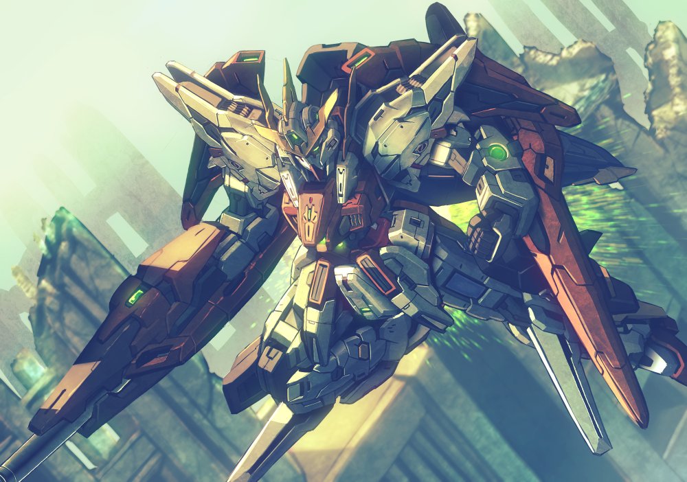 clenched_hand commentary_request flying green_eyes gun gundam gundam_00 gundam_kyrios holding holding_gun holding_weapon looking_down mecha no_humans science_fiction solo v-fin wasabi_(payan) weapon