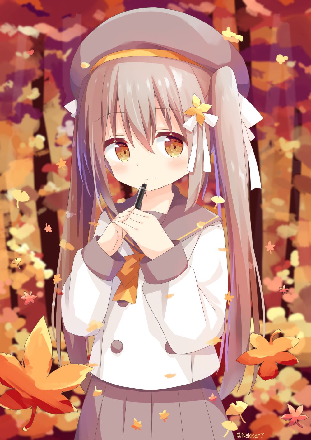 1girl autumn_leaves bangs beret blurry blurry_background bow brown_bow brown_eyes brown_hair closed_mouth commentary_request depth_of_field eyebrows_visible_through_hair grey_headwear grey_sailor_collar grey_skirt hair_between_eyes hair_bow hands_together hands_up hat highres holding holding_pencil leaf long_hair long_sleeves maple_leaf mechanical_pencil nakkar original own_hands_together pencil pleated_skirt sailor_collar school_uniform serafuku shirt skirt smile solo twintails very_long_hair white_bow white_shirt