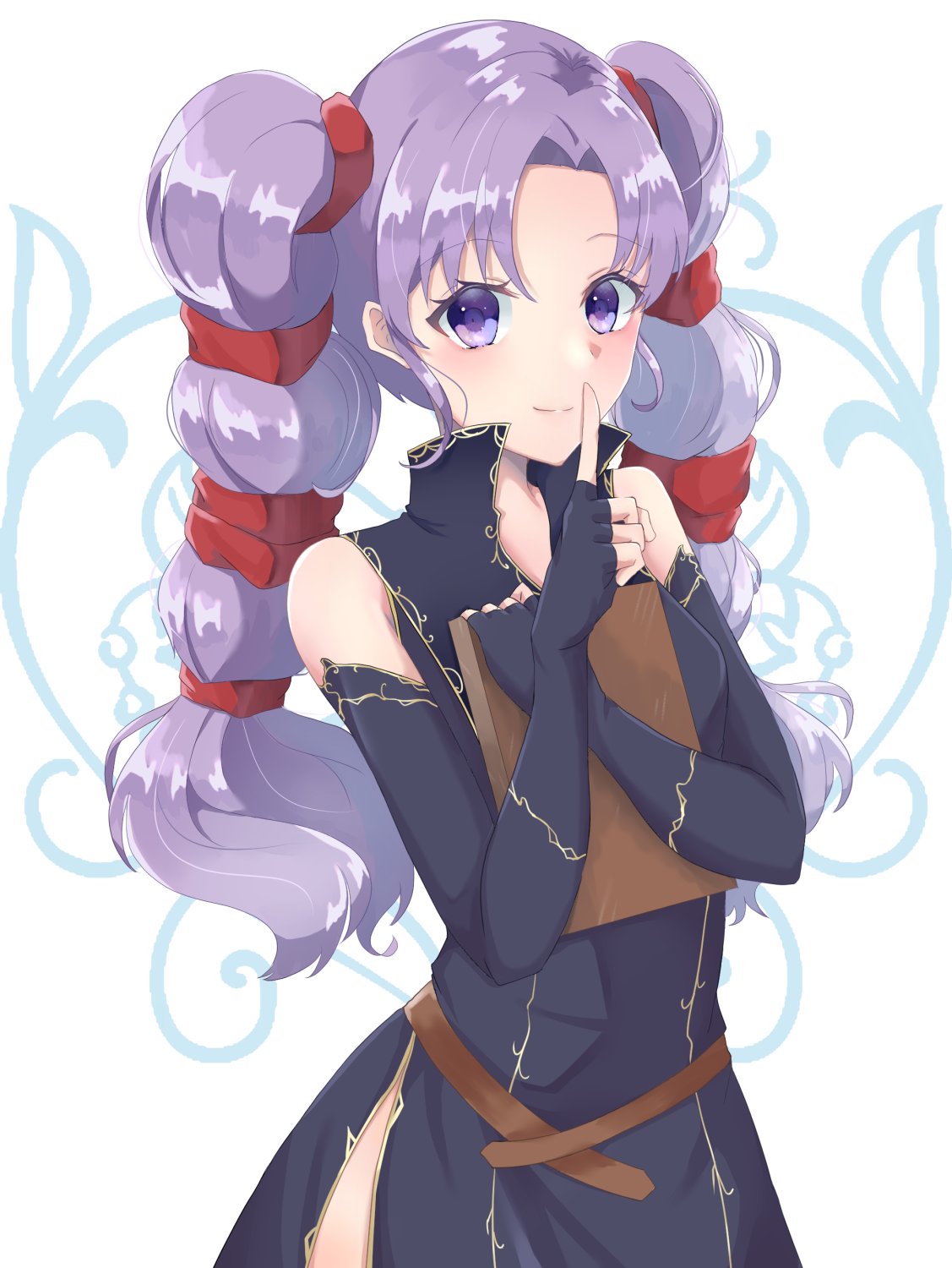 1girl artist_request book drill_hair elbow_gloves finger_to_mouth fire_emblem fire_emblem:_genealogy_of_the_holy_war gloves highres holding holding_book looking_at_viewer purple_hair smile solo tine_(fire_emblem) twin_drills violet_eyes