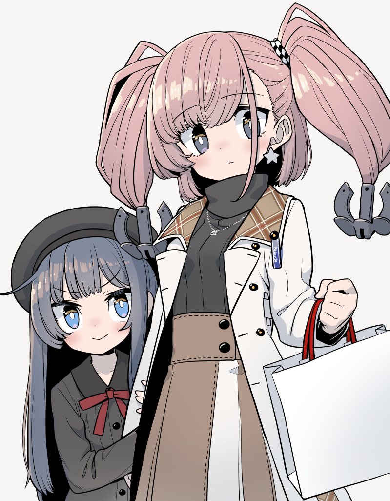 2girls akatsuki_(kantai_collection) alternate_costume anchor_hair_ornament atlanta_(kantai_collection) bag bangs black_headwear black_sweater blue_eyes blue_hair blush breasts brown_hair closed_mouth coat earrings eyebrows_visible_through_hair grey_background hair_ornament hat holding jewelry kantai_collection long_hair long_sleeves monaka_ooji multiple_girls neck_ribbon red_neckwear ribbon shopping_bag simple_background single_earring skirt smile star_(symbol) star_earrings sweatdrop sweater turtleneck turtleneck_sweater two_side_up